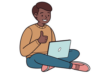 Happy Man Working on Laptop Giving Thumbs Up Vector Illustration