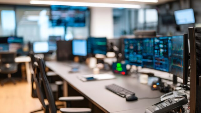 Network operations center with multiple computer screens showing technical data visualizations - Powered by Adobe