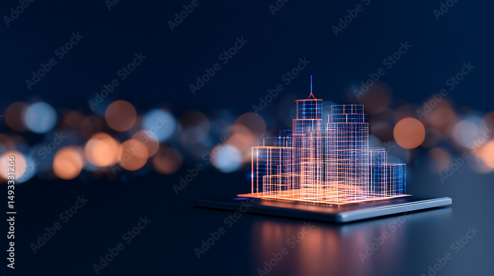 Poster a digital concept of a glowing neon wireframe building on a bokeh light background, symbolizing tech