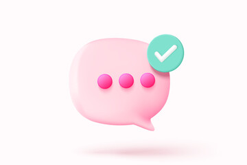 3D vector speech bubble with tick mark for photo gallery platform, online social conversation comment concept, emoji message, speech icons, chat with social media. 3d speak render vector illustration