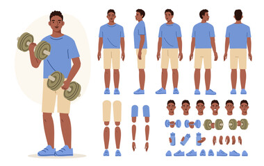 Fototapeta na wymiar Sporty man wearing fitness clothes holding dumbbells. Character constructor for animation. Front, side and back view set. Body parts, postures, poses collection. Vector illustration. 