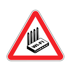 Attention WiFi router! Caution Wi-Fi Internet equipment icon. Red triangle danger sign Wi Fi network equipment symbol