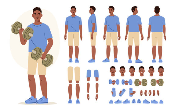 Sporty man wearing fitness clothes holding dumbbells. Character constructor for animation. Front, side and back view set. Body parts, postures, poses collection. Vector illustration.
