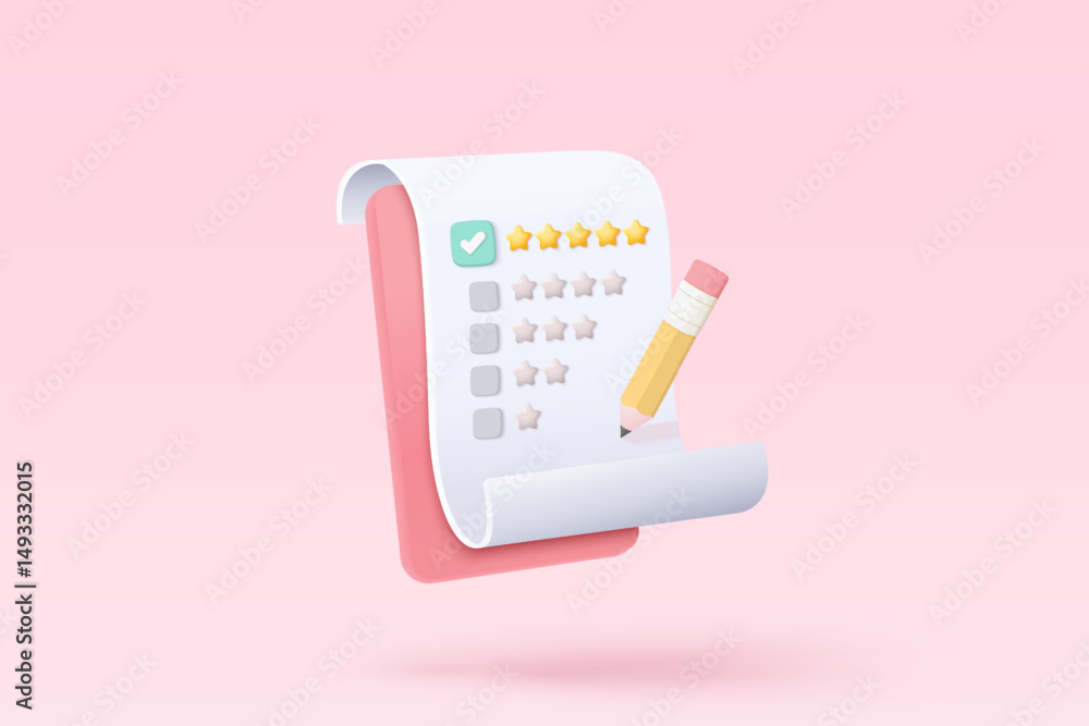 Poster 3d clipboard rating five stars for best excellent rating. 5 star for quality customer rating feedbac
