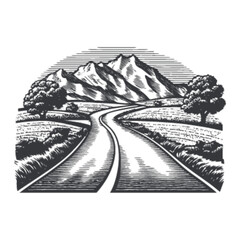 Fototapeta premium Scenic Road Through Mountains in Vintage Engraving Style Illustration