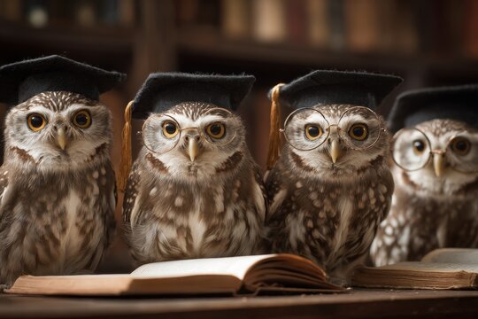 group of owls wearing graduation caps and reading books, bright classroom background