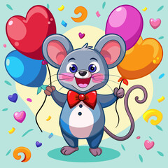 Adorable Cartoon Mouse Holding Colorful Balloons for Celebration
