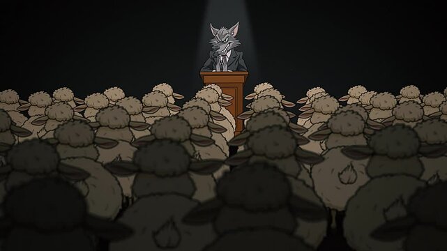 Political Cartoon Sheep Cheering for a Wolf Film
