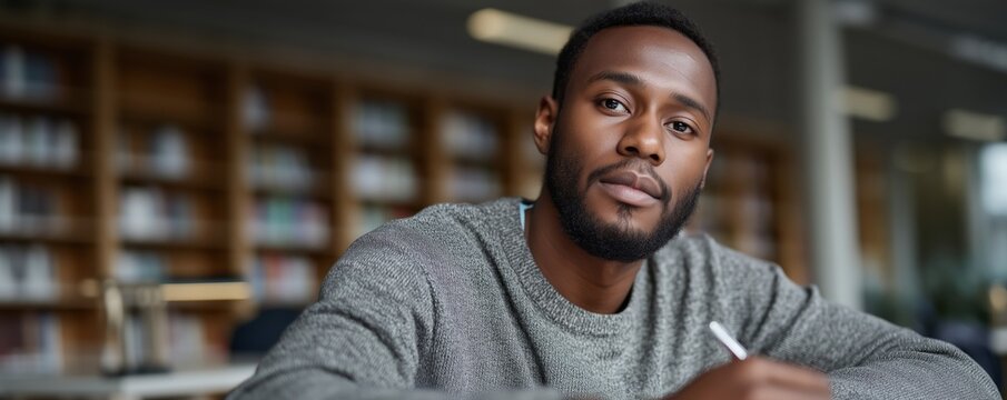 Disabled student in wheelchair studying in library environment