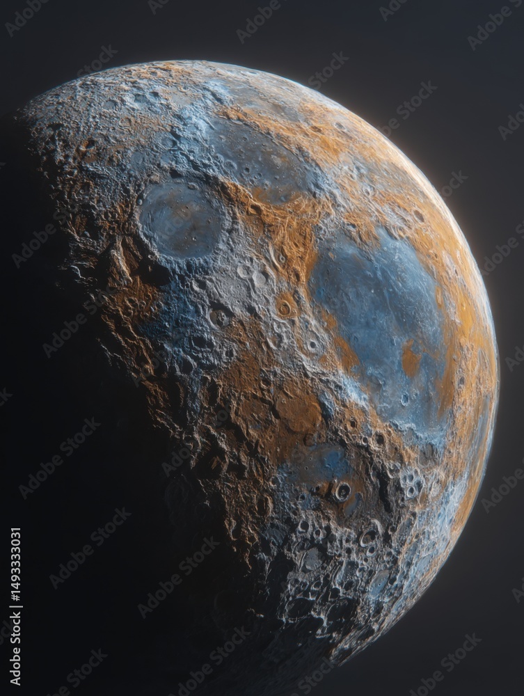 Poster moon surface close up showing craters and textures in a detailed and artistic rendering with blue an