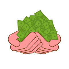 Palms full of money. Many dollars in hands. Concept illustration: wealth and prosperity