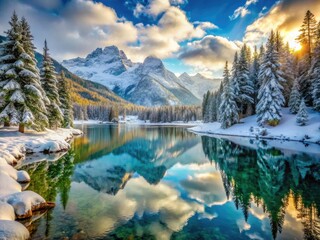 Stunning Winter Landscape, Snow Frame Photography, Frozen Nature, Cold Weather Scene, White Background, Snowy Mountains, Beautiful Scenery, Arctic Wonderland