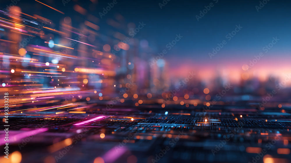 Poster abstract digital art with vibrant colors and glitch effect on a dark background, concept of data cor