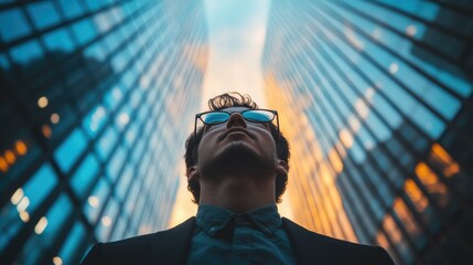 Man in glasses looking up at towering buildings.  A low angle shot emphasizes the scale