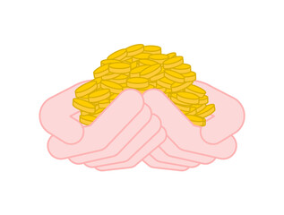 Palms full of coins. Many money in hands. Concept illustration: wealth and prosperity