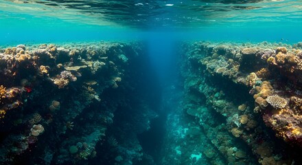Obraz premium Underwater view of a coral reef with sunlight streaming through the clear turquoise water