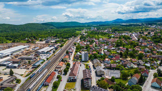 Ogulin, Croatia from the air &ndash; Heritage Museum, Hotel Frankopan, train station, Church of the Holy Cross and Klek mountain in the background. Historic charm meets natural beauty