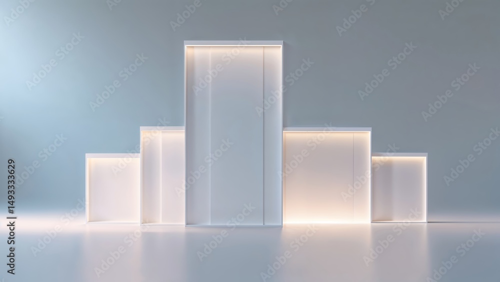 Poster modern minimalist display stands illuminated with soft lighting in a serene studio setting