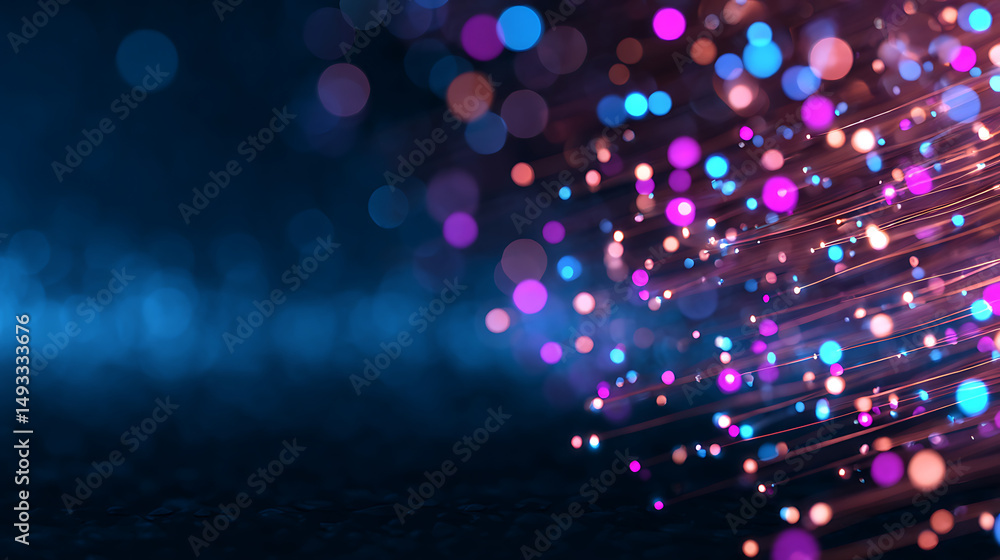 Poster abstract digital backdrop with glowing blue and magenta dots, bokeh effect on a dark background, con
