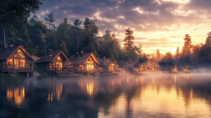 Serene log cabins nestled by a misty lake at sunrise.  Wooden cottages line a tranquil lake, bathed in golden sunrise light,  with fog rising from the water