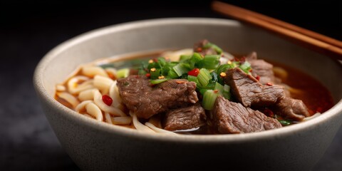 Delicious hand-pulled lanzhou beef noodles in a bowl with fresh garnishes