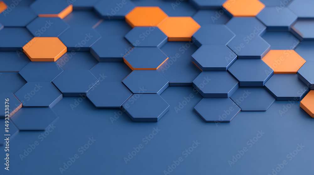 Poster a blue hexagonal pattern with orange accents on a clean background, expressing a modern technology d