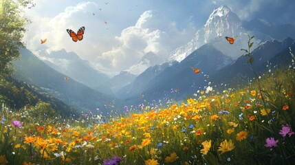 Majestic mountain meadow, butterflies soar