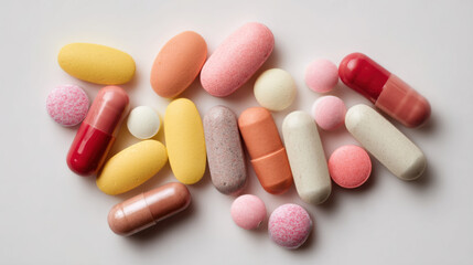 Flat lay of assorted pills, capsules, tablets in small pile, white background.
