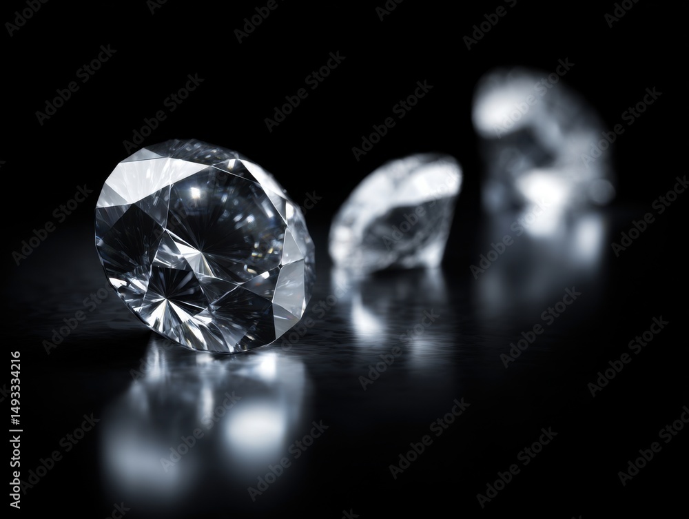 Poster three diamonds resting on a dark reflective surface in a studio shot with shallow depth of field