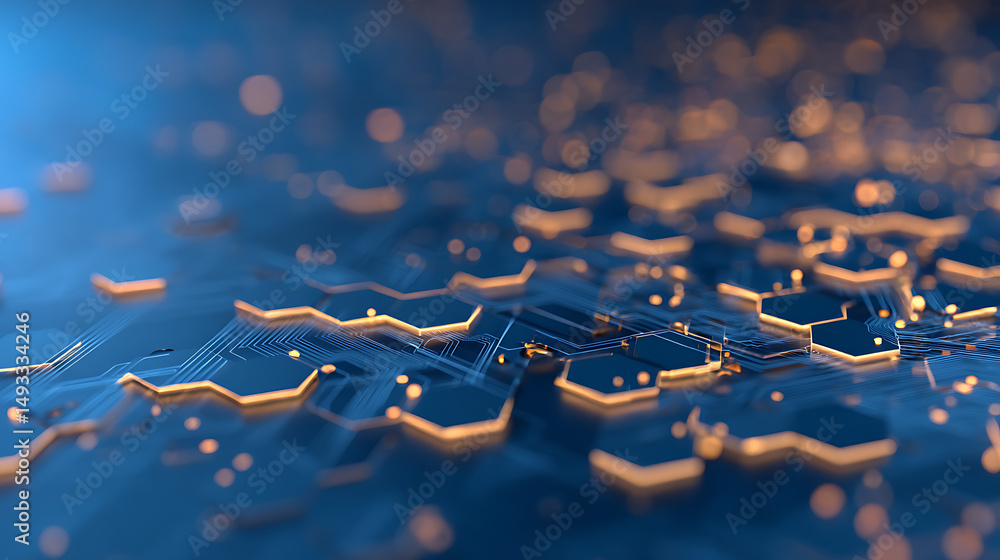 Poster abstract hexagonal pattern with glowing edges, modern digital backdrop, blue and gold, concept of te
