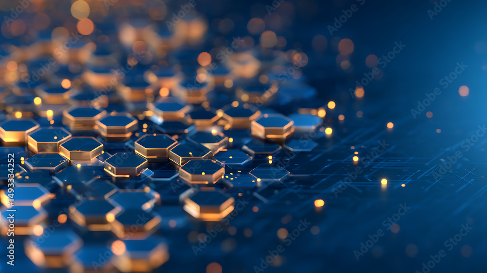 Poster abstract hexagonal pattern with glowing edges, modern digital backdrop, blue and gold, concept of te