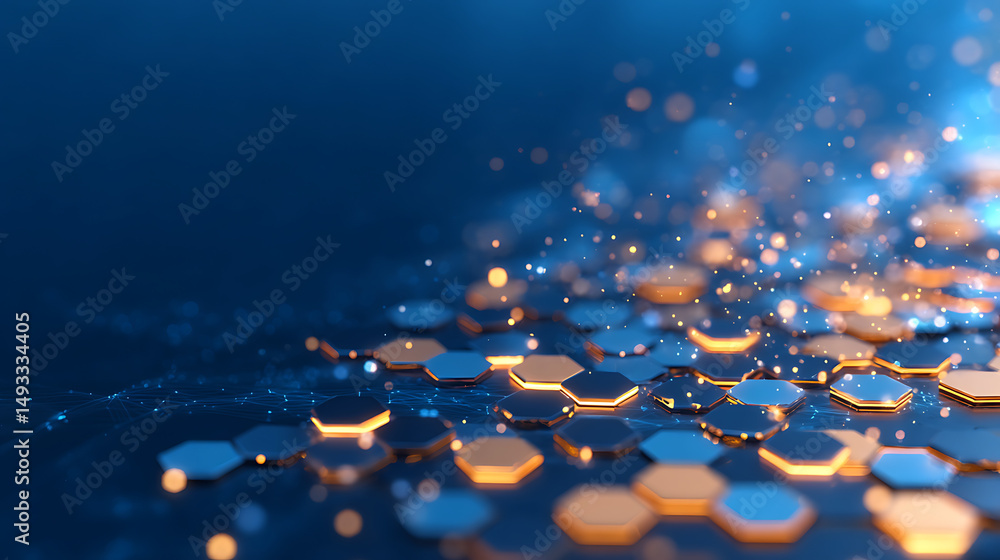 Aufkleber abstract hexagonal pattern with glowing edges, modern digital backdrop, blue and gold, concept of te