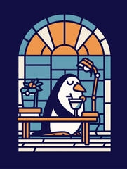 Cute Penguin Doodle Illustration with Stained Glass Background Design