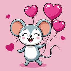 Adorable Cartoon Mouse Holding Heart Balloons Valentines Day