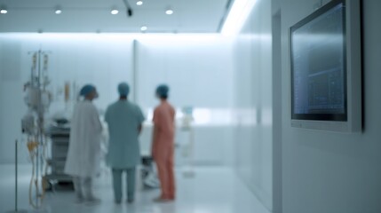 Medical team analyzing data on monitor in hospital operating room