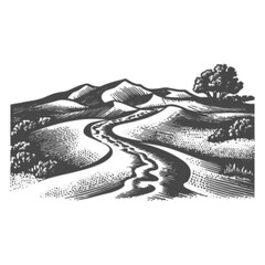 Detailed Engraving of Scenic Mountain Landscape and Meandering Path