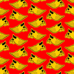 Skull with horns and wings pattern seamless. Symbol of demons and Satan background
