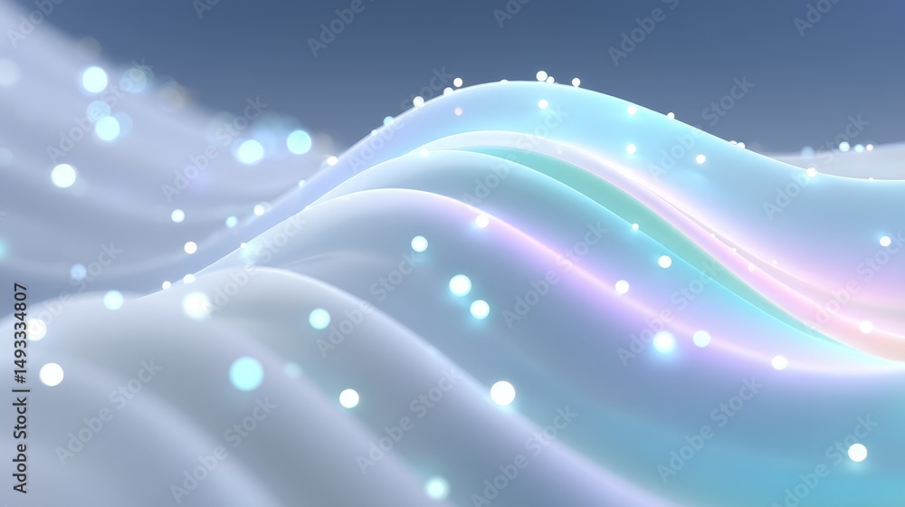 Poster clean abstract tech background with white and silver tones, floating digital particles and subtle ho