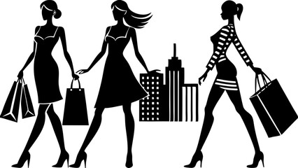 Three Stylish Women Shopping in the City Silhouette