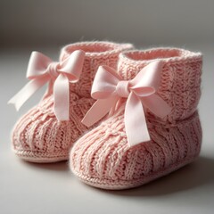 Pink Knitted Baby Girl Booties with Satin Bows, Embodying Sweet Femininity, against Light Gray Background with Copy Space.