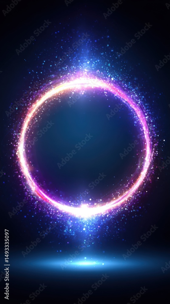 Poster glowing circle frame with sparkles on dark blue background abstract style graphic design element