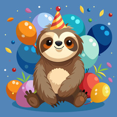 Obraz premium Adorable Sloth Celebrating Birthday with Balloons