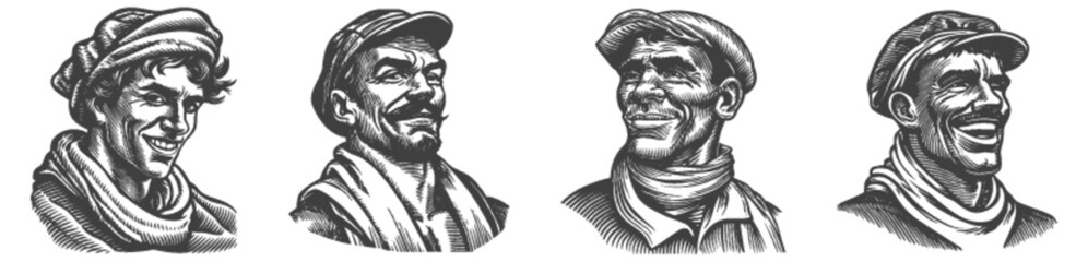 Engraved Illustrations of Four Distinct Male Portraits in Profiles