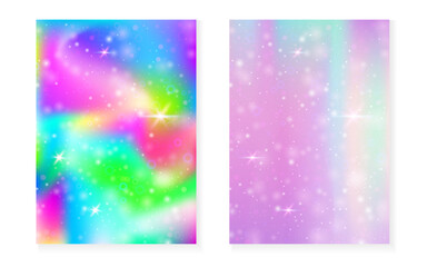 Unicorn background with kawaii magic gradient. Princess rainbow hologram. Holographic fairy set. Bright fantasy cover. Unicorn background with sparkles and stars for cute girl party invitation.