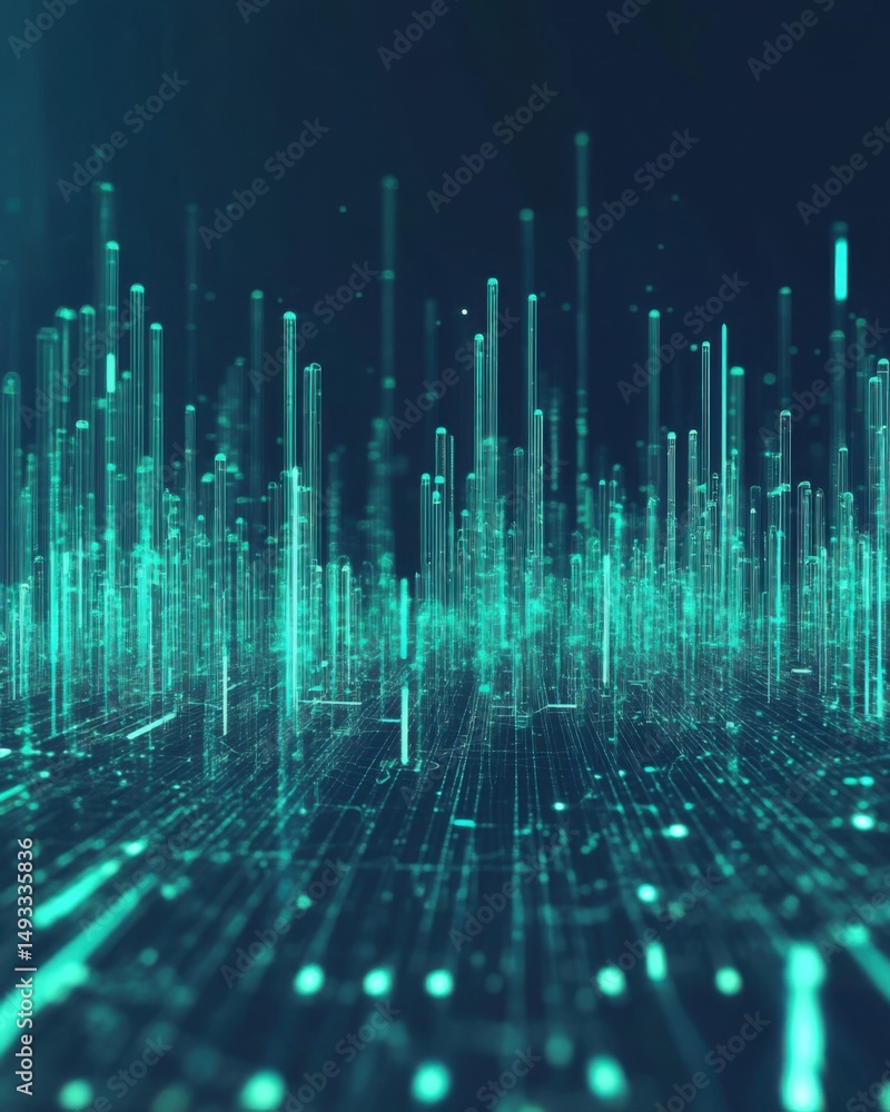 Poster digital landscape of data streams in futuristic city style with glowing lines and nodes in turquoise