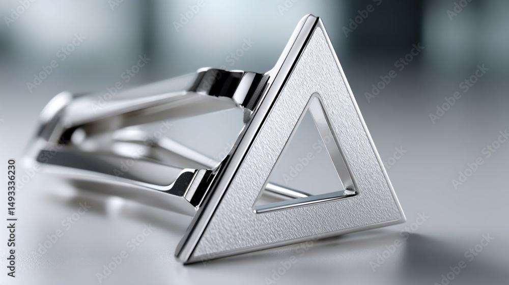 Poster sleek, metallic, abstract object with triangular prism structure, sharp lines, reflective surface