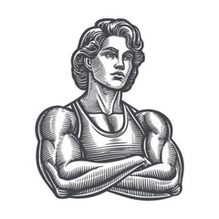 Vintage Illustration of a Muscular Man with Arms Crossed in Engraving