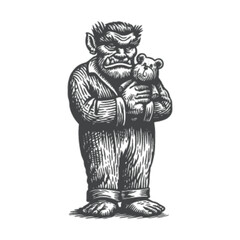 Vintage Illustration of a Monstrous Creature Holding a Teddy Bear