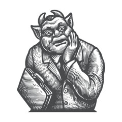Engraved Illustration of a Frustrated Devil in a Suit