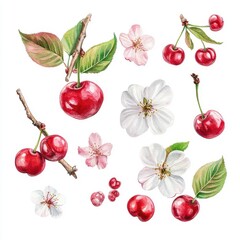 Watercolor cherry illustration set on white background with bud, leaf, flower, branch, fruit